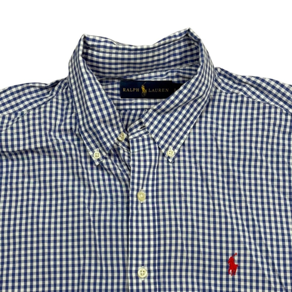 Ralph Lauren Mens Blue White Gingham Short Sleeve Button Down Shirt Large